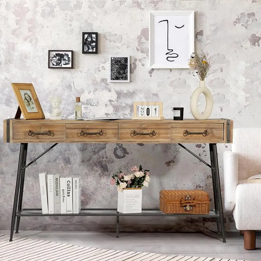 Industrial Console Table with 4 Drawers Solid Wood,60" Console Table,Metal Sheet Trim and Iron Feet Iron Handles,Original Wood
Industrial Console Table with 4 Drawers Solid Wood,60" Console Table,Metal Sheet Trim and Iron Feet Iron Handles,Original Wood