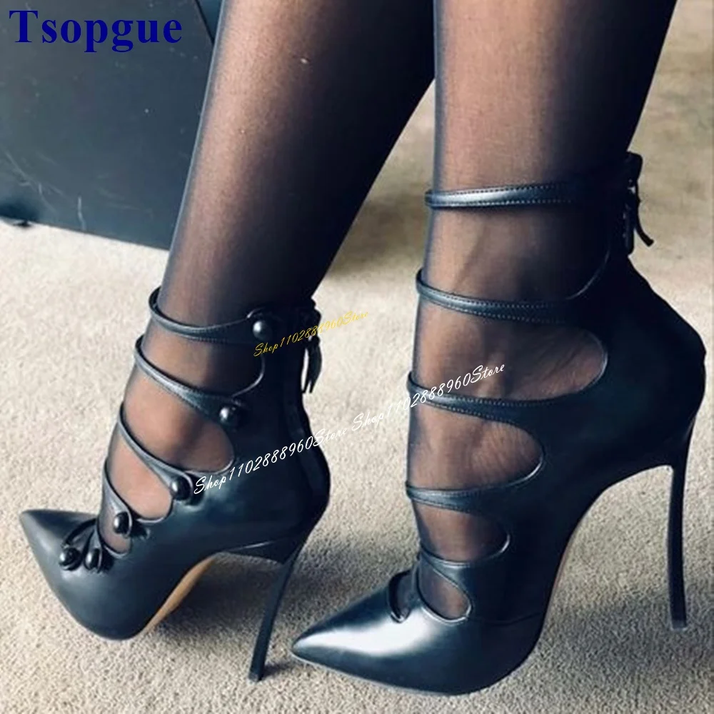 

Sexy Black Leather Button Strappy Pumps Thin High Heel Women Shoes Back Zipper Pointed Toe 2024 Fashionable Zapatos Para Mujere