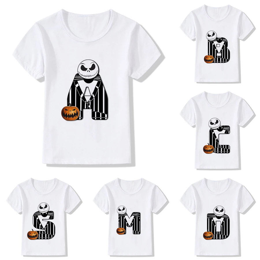 Jack Skellington, Детская футболка с милыми буквами, футболки для девочек, одежда с мультяшными рисунками, повседневные Модные топы с коротким рукавом для мальчиков 
Jack Skellington, Детская футболка с милыми буквами, футболки для девочек, одежда с мультяшными рисунками, повседневные Модные топы с коротким рукавом для мальчиков