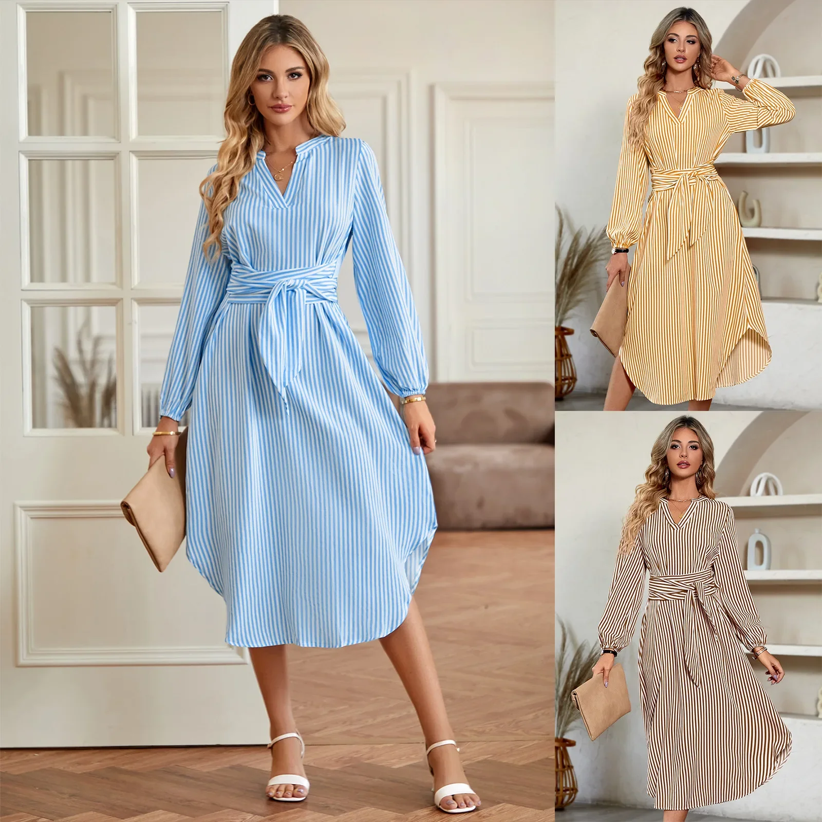 2023 Autumn/Winter Women's Fashion, Elegant and Casual Commuter V-neck Stripe Tie Up Waist Shirt Dress
2023 Autumn/Winter Women's Fashion, Elegant and Casual Commuter V-neck Stripe Tie Up Waist Shirt Dress
