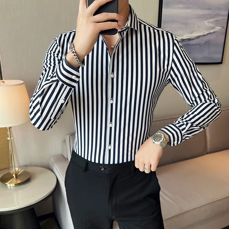 Spring Long Sleeve Striped Shirts for Men Elasticity Brand Korean Slim Fit Camisas Para Hombre Fashion Asian Size Mens Clothing
Spring Long Sleeve Striped Shirts for Men Elasticity Brand Korean Slim Fit Camisas Para Hombre Fashion Asian Size Mens Clothing