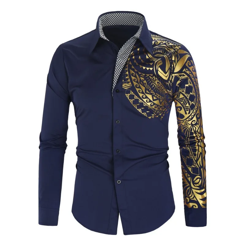 

Luxury Gold Black Shirt Men New Slim Fit Long Sleeve Camisa Masculina White Black Print Chemise Homme Social Men Club Prom Shirt