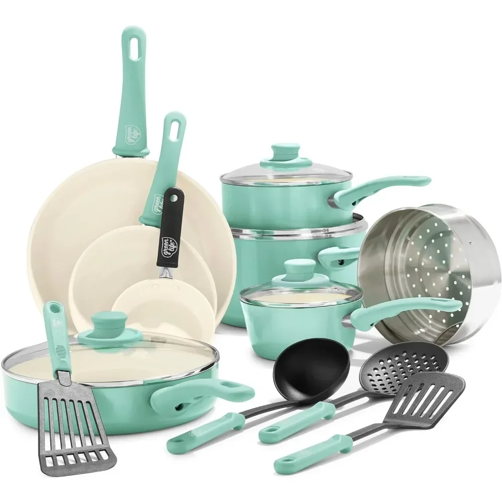 

Soft Grip Healthy Ceramic Nonstick 16 Piece Kitchen Cookware Pots and Frying Sauce Pans Set,PFAS-Free, Dishwasher Safe Turquoise