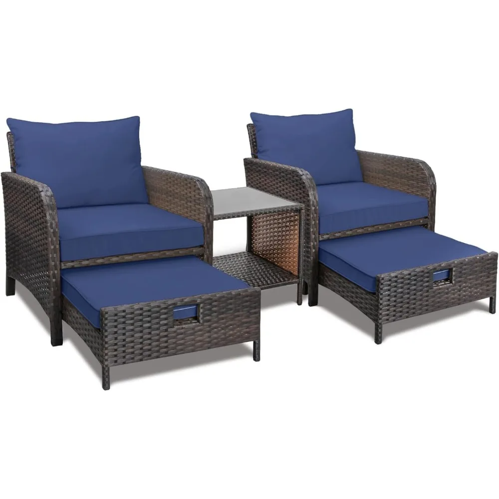 

5 Piece Patio Furniture Set, PE Wicker Rattan Outdoor Lounge Chairs W/ Soft Cushions 2 Ottoman&Glass Table, Garden Furniture Set