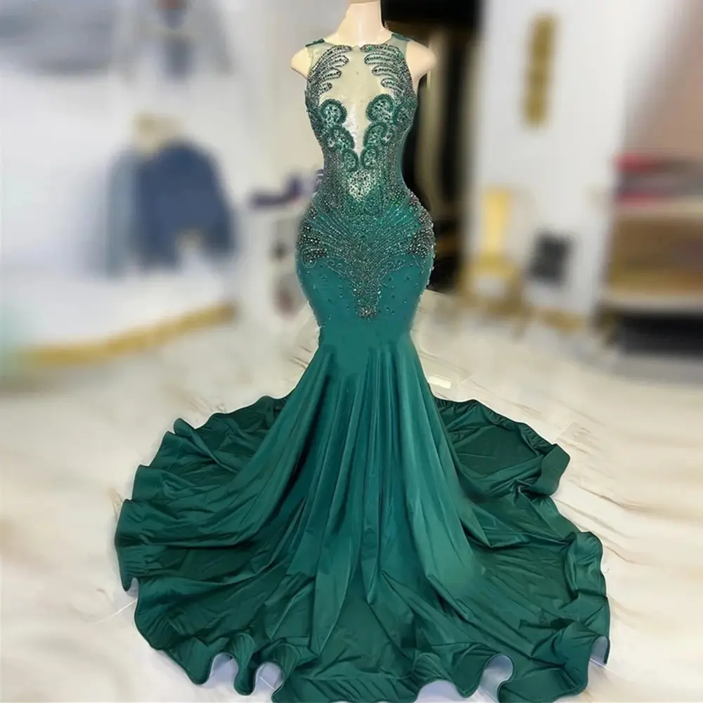 

Peacock Green Mermaid Long Evening Dresses Women Sexy Prom Gowns Sleeveless Beades Applique Lace Party Dress Gala Celebrity Robe