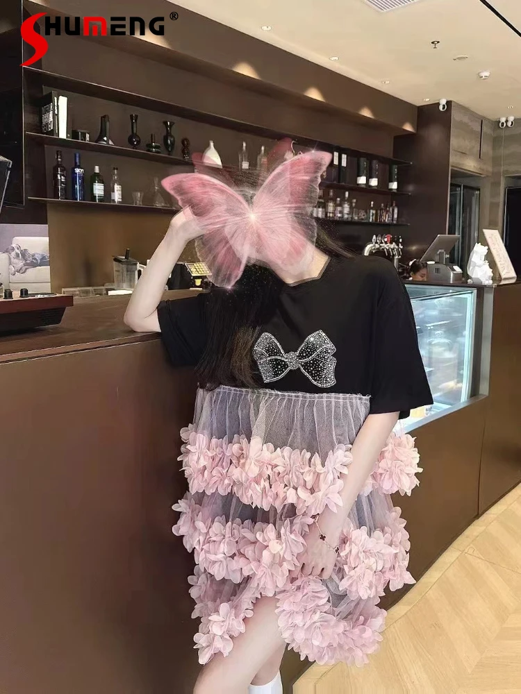 Fashion Sweet Mesh Yarn Splicing T-shirt Dresses 2024 Women's Summer Loose Versatile Nice Dress Feminine Short Sleeve Dresses 
Fashion Sweet Mesh Yarn Splicing T-shirt Dresses 2024 Women's Summer Loose Versatile Nice Dress Feminine Short Sleeve Dresses
