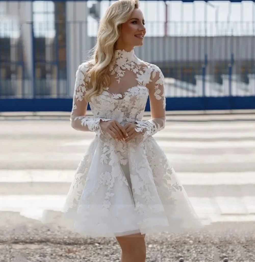 Simple Boho Beach Mini Wedding Dress High Neck Long Sleeves A-Line Lace Appliques Short Bridal Gown Vestidos de novia 2024
Simple Boho Beach Mini Wedding Dress High Neck Long Sleeves A-Line Lace Appliques Short Bridal Gown Vestidos de novia 2024