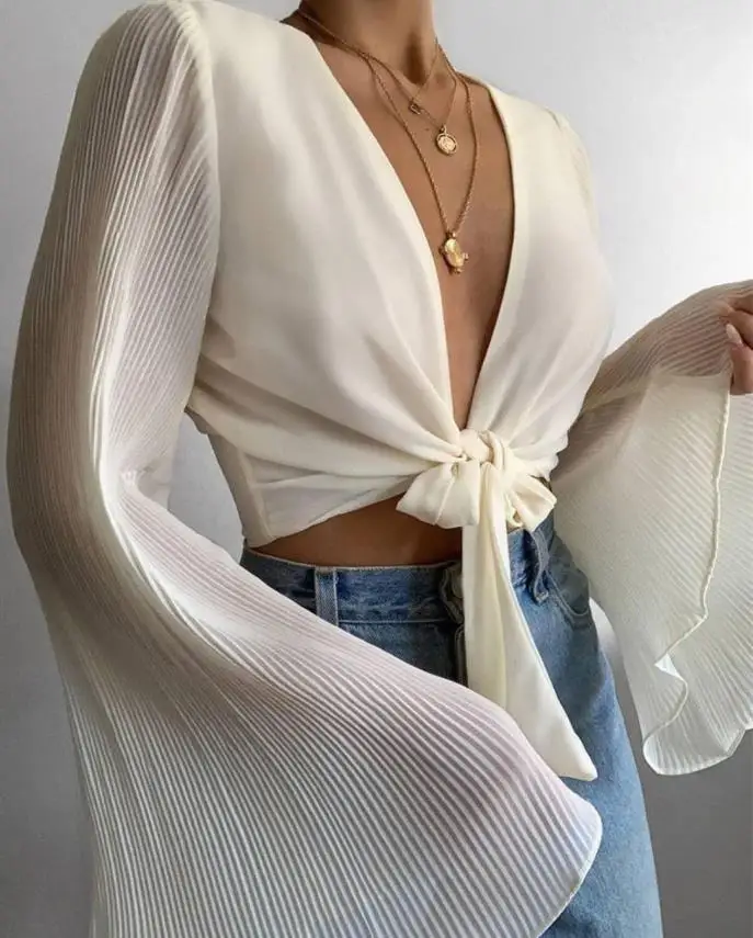 

Sexy Tops Women 2022 Trendy Fashion Tied Detail Bell Sleeve Top Plunge Long Sleeve Plain Casual Blouses Female clothing