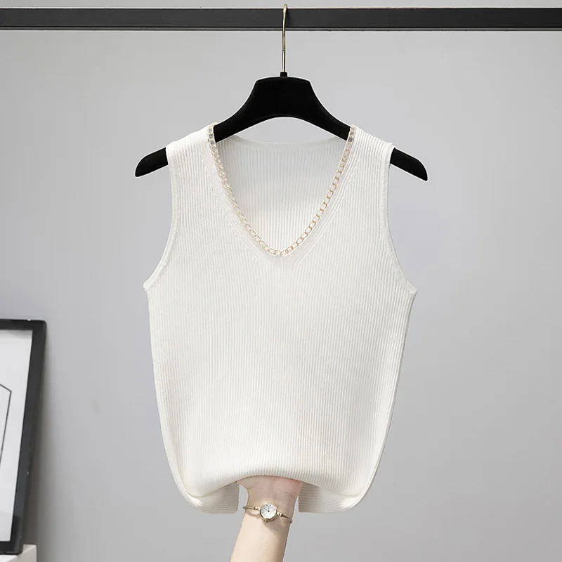 

Spring Summer Elegant Fashion Harajuku Slim Fit Female Clothes Loose Casual All Match Undershirt Solid V Neck Sleeveless Tanks