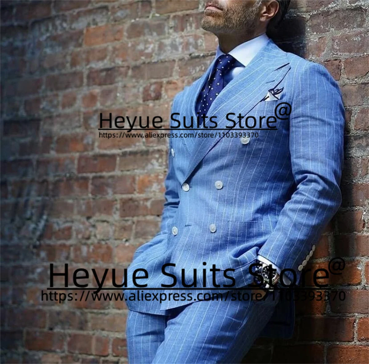 

Bussiness Double-breasted Sky Blue Men Suits Slim Fit Peak Lapel Groom Tuxedos Prom 2 Pieces Sets trajes elegante para hombres