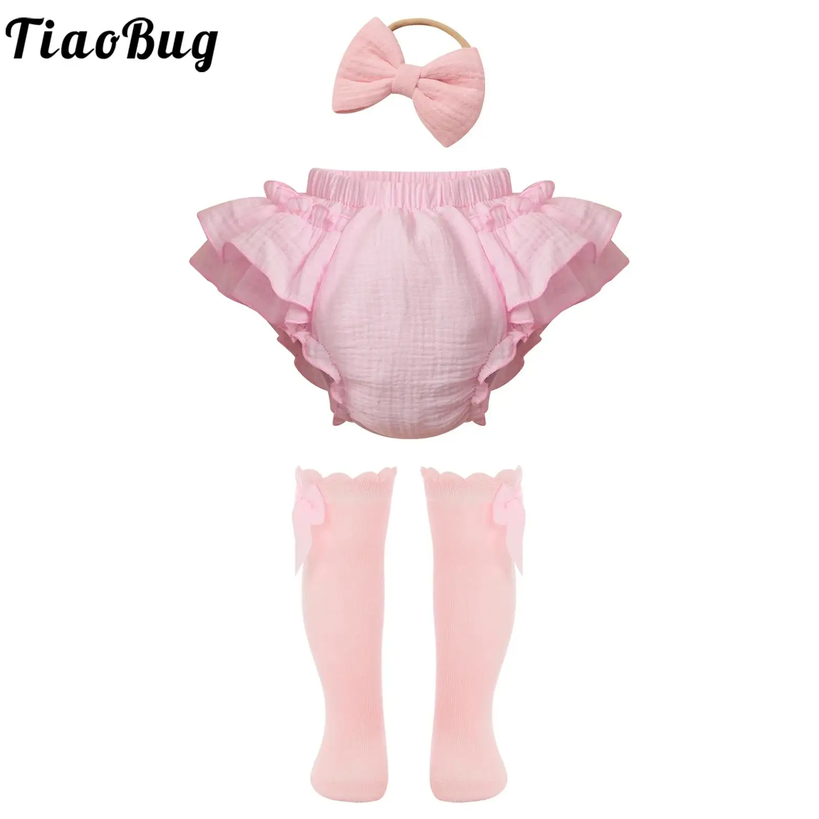 

Newborn Baby Girls Soft Cotton Bloomers Toddlers Layered Ruffle Diaper Covers Pants Briefs with Bow Knee High Socks Headband