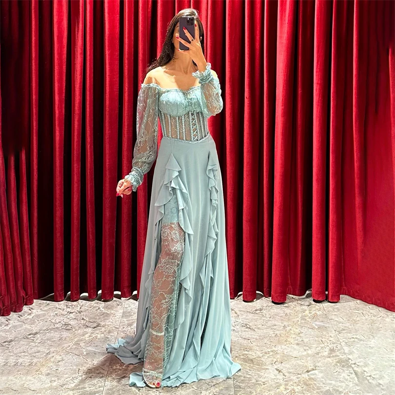 Nersesyan Green Transparent O Neck Party Gown Lace Beadings Long Puff Sleeves Evening Gowns Side Slit Appliques Prom Dresses
Nersesyan Green Transparent O Neck Party Gown Lace Beadings Long Puff Sleeves Evening Gowns Side Slit Appliques Prom Dresses