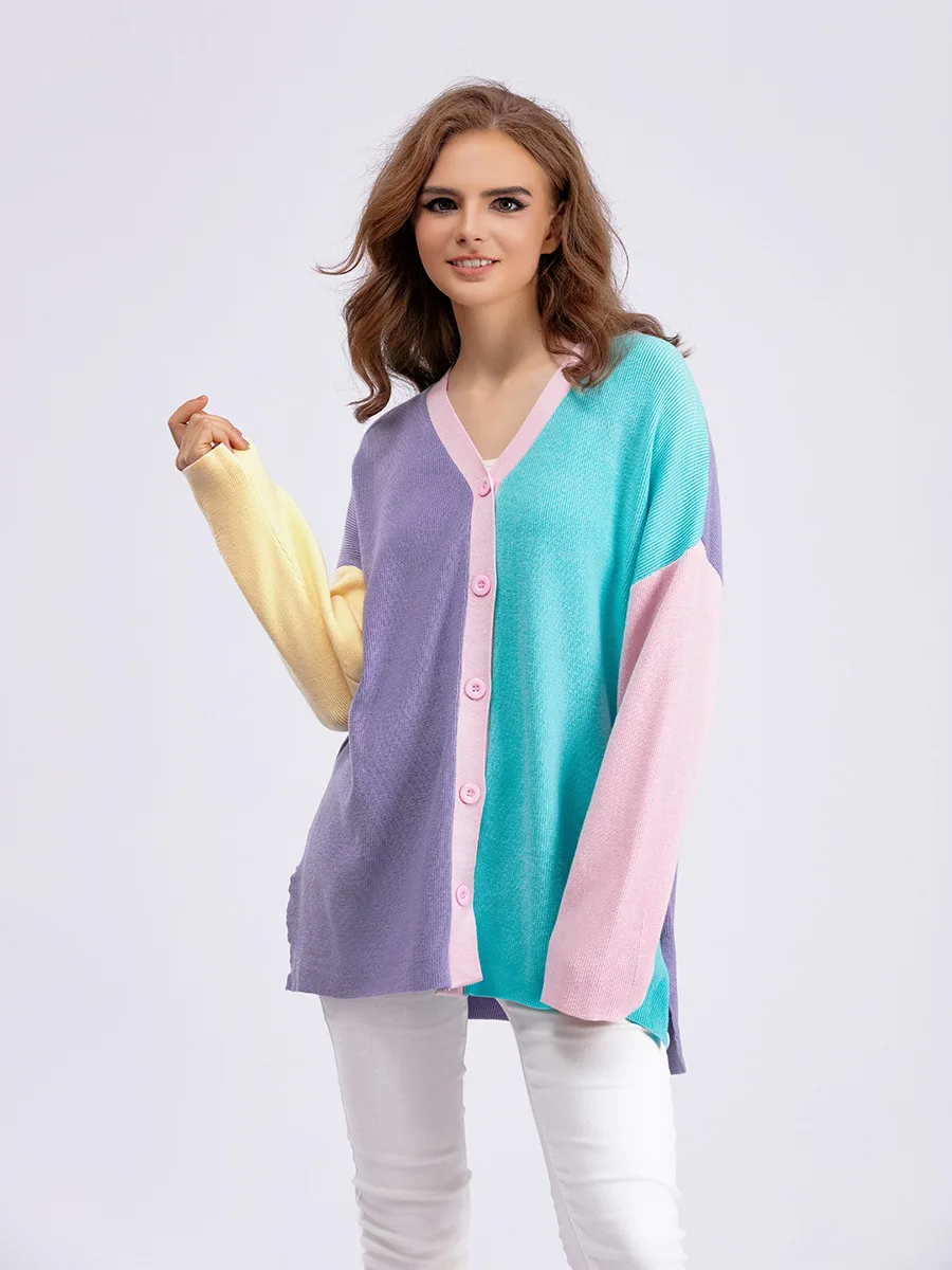 Модный вязаный женский кардиган контрастных цветов в стиле пэчворк, Осенний свободный элегантный однобортный литературный свитер с разрезом
Модный вязаный женский кардиган контрастных цветов в стиле пэчворк, Осенний свободный элегантный однобортный литературный свитер с разрезом