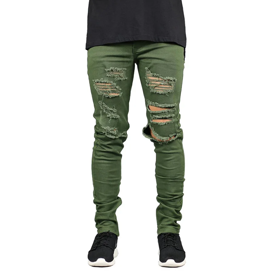 

Men's Army Green Ripped Distressed Destroyed Hole Skinny Stretch Zipper Jeans