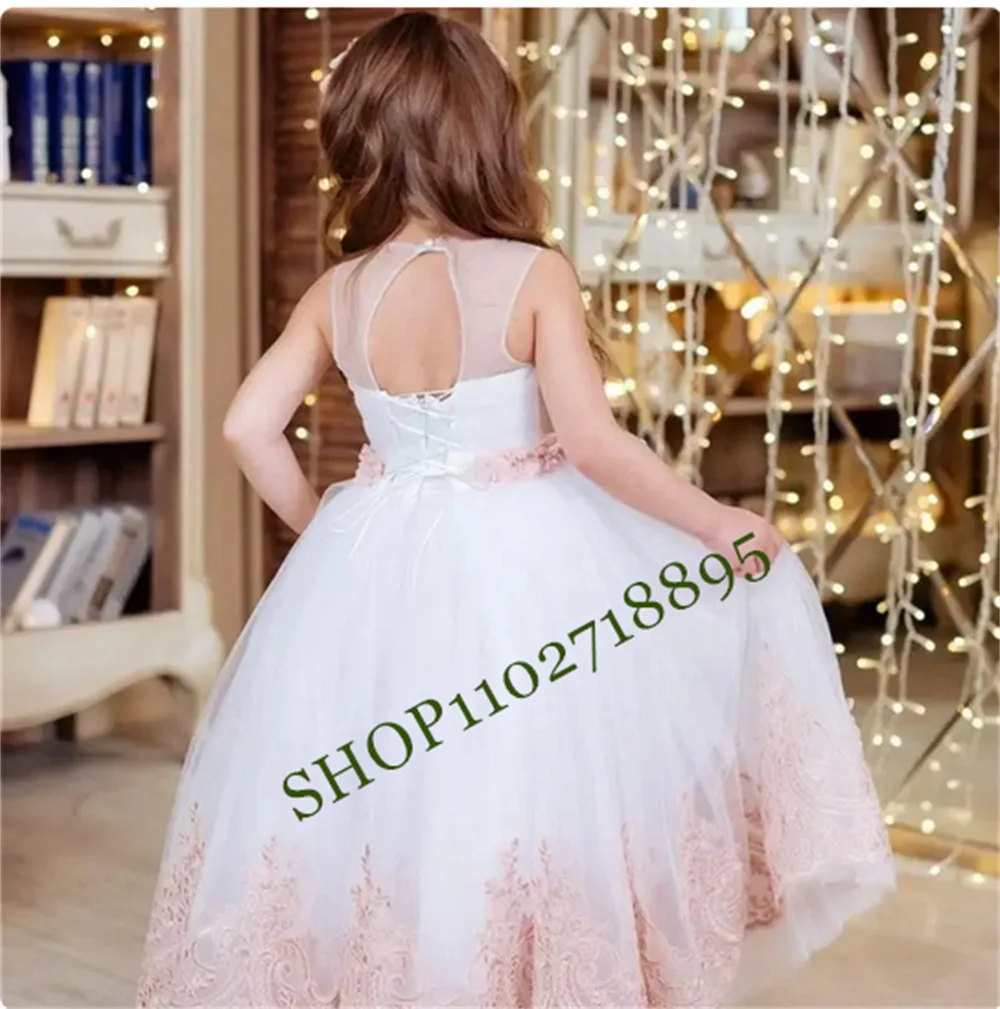 

Lace White Tulle Flower Girl Dress For Wedding Party O Neck Backless Sheer Neck First Communion Gown Size 2-16Y