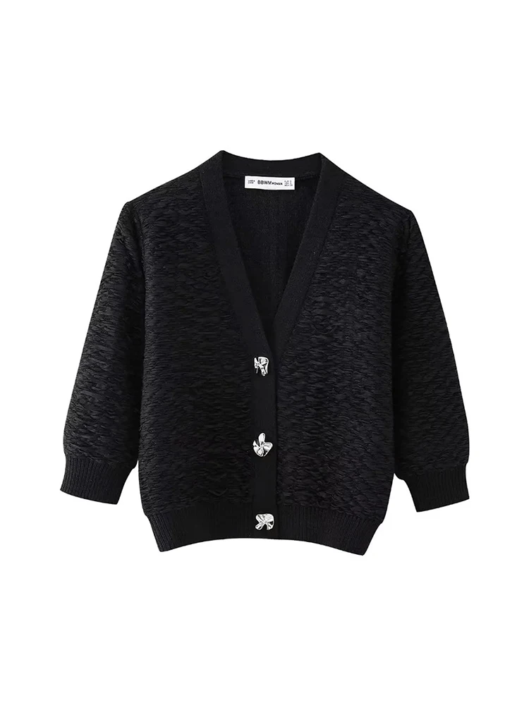 

Spring Women's Casual V-Neck Long Sleeve Black Knitted Short Cardigans Girl's 2024 New Fashion Buttons Elastic Sweaters Outwear