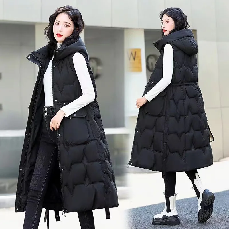 

2024 Autumn Winter Long Hooded Cotton Vests Womens Warm Sleeveless Waistcoat Female Casual Solid Puffer Parkas Woman Jacket Coat