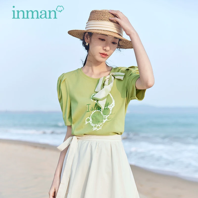 INMAN Women T-shirt 2023 Summer Short Sleeve Round Neck Loose Tees Island Ocean Pattern Detachable Scarf White Green Top
INMAN Women T-shirt 2023 Summer Short Sleeve Round Neck Loose Tees Island Ocean Pattern Detachable Scarf White Green Top