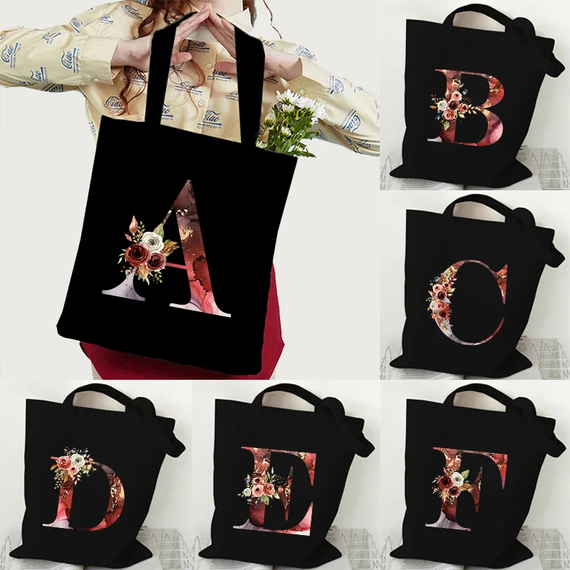 

Популярные винтажные сумки с цветочным алфавитом для женщин и мужчин, вместительные холщовые сумки на плечо для покупок для девушек, студенческие тоуты с надписью