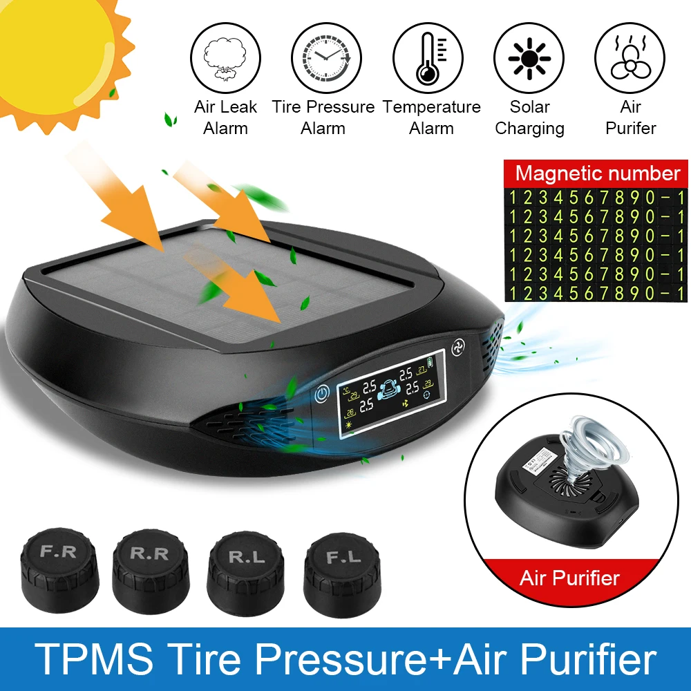 2 in 1 Air Purifier Universal Car Tire Pressure Monitoring System Solar Powered TPMS Internal/External Tire Pressure Sensors 
2 in 1 Air Purifier Universal Car Tire Pressure Monitoring System Solar Powered TPMS Internal/External Tire Pressure Sensors