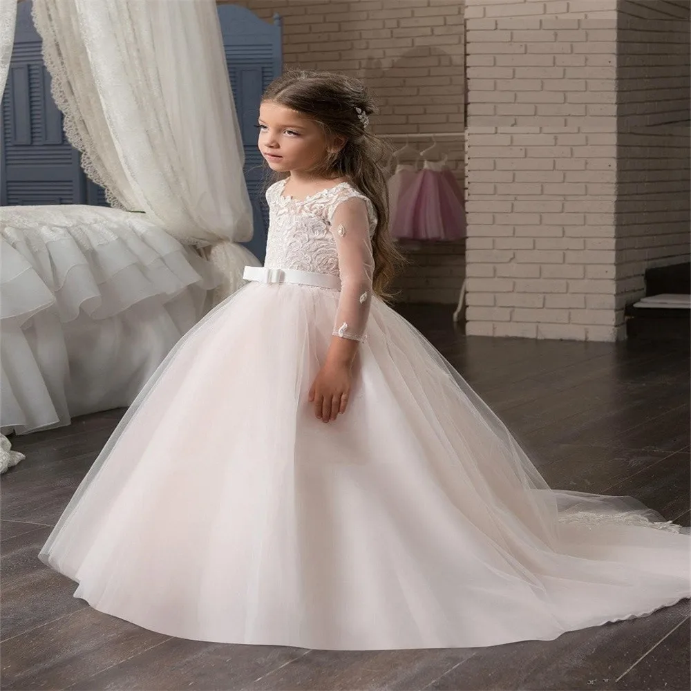 

Sheer Lace Applique Fluffy Flower Girl's Dresses Jewel Neck Organza Kids Long Sleeves Formal Birthday Party First Communion Gown