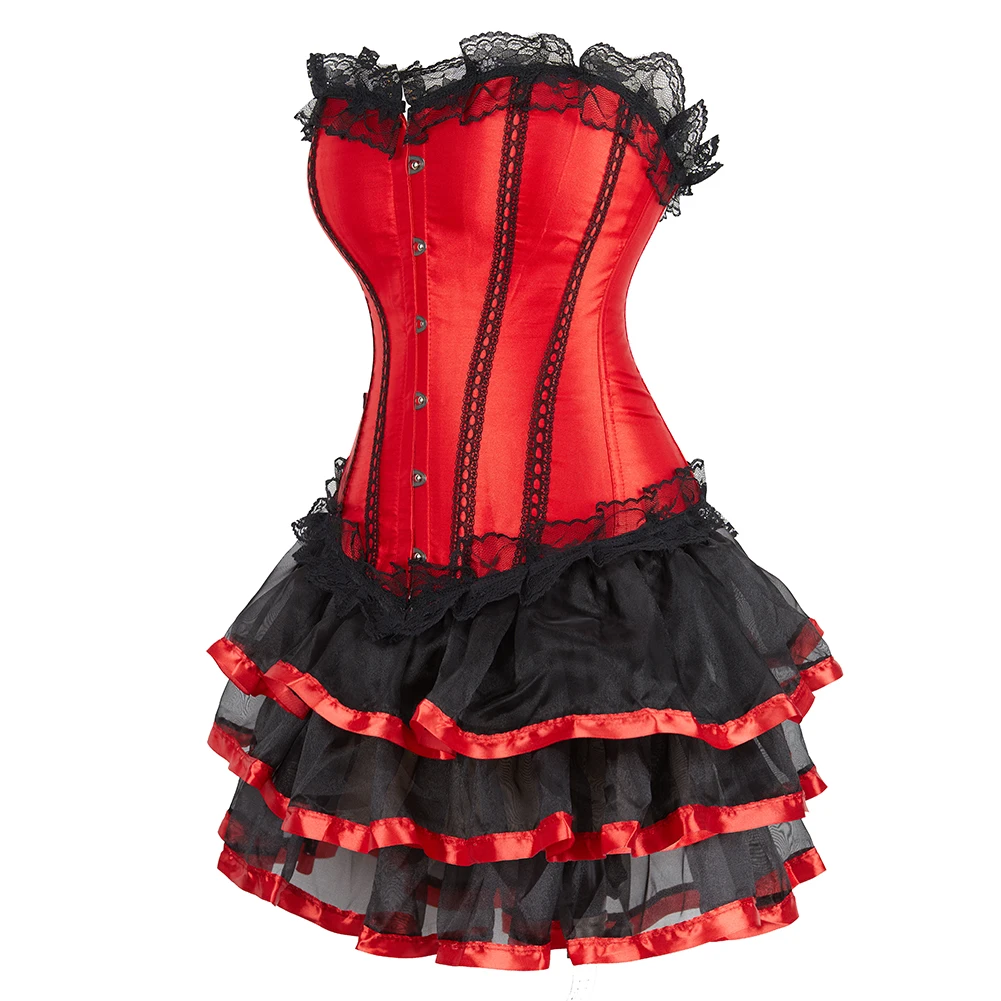 

Overbust Corset Dress Set Red Waist Bustier Top with Layered Mesh Skirt Club Basques Costume