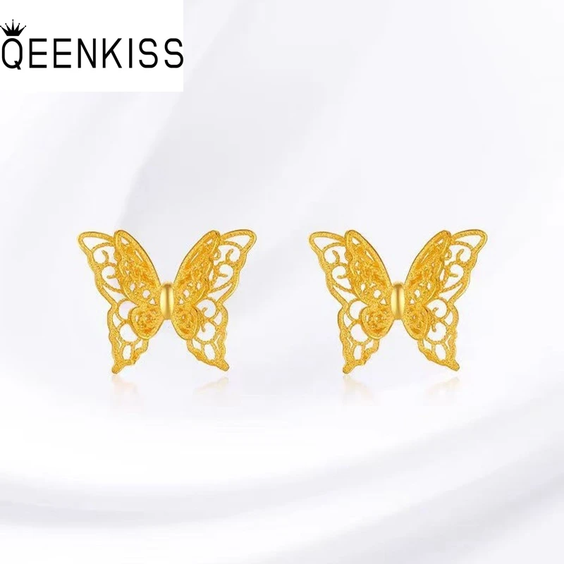 

QEENKISS 24KT Gold Vintage Butterfly Stud Earrings For Women Fine Jewelry Wholesale Wedding Party Bride Girlfriend Gift EG5443