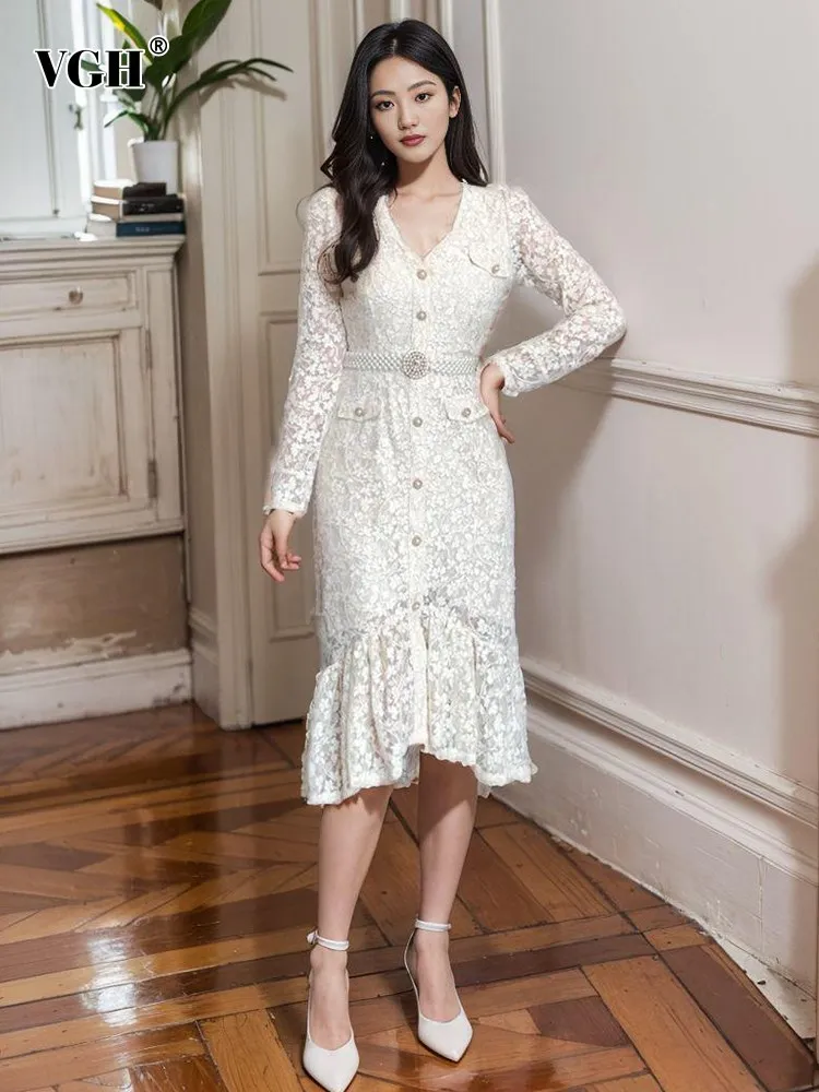 VGH Solid Patchwork Belt Elegant Dress For Women V Neck Long Sleeve High Waist Spliced Button Temperament Dresses Female Fashion
VGH Solid Patchwork Belt Elegant Dress For Women V Neck Long Sleeve High Waist Spliced Button Temperament Dresses Female Fashion