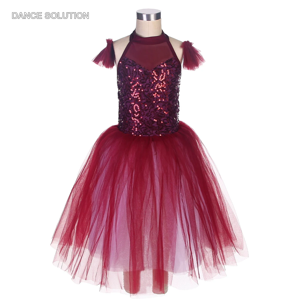 

Burgundy Halterneck Ballet Tutu Dress Sequin Spandex Bodice with Romantic Tulle Skirt for Women and Girls Stage Costumes 19333
