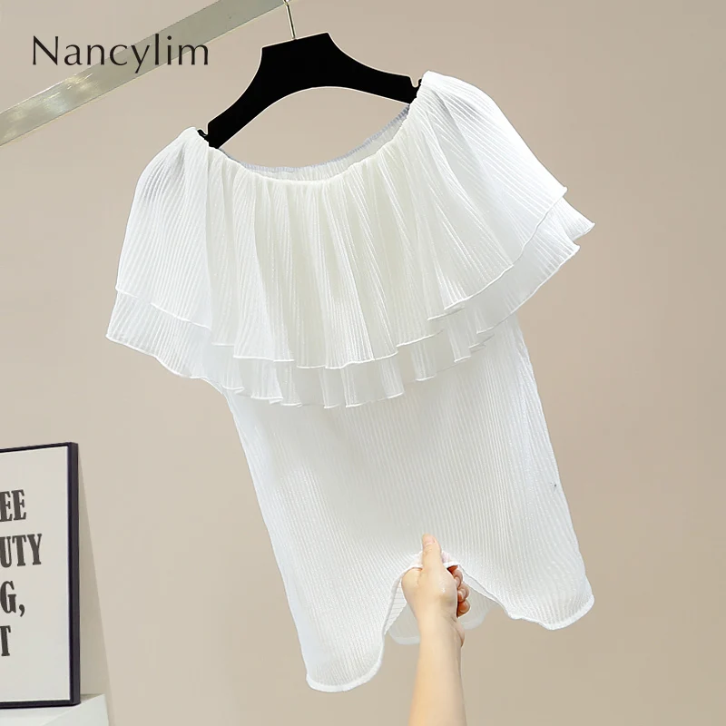 Sweet Laminated Ruffled Stitching Off-Neck Thin Micro-Transparent Shirt Women's Design Sense Temperament Top White Blouse Blusas
Sweet Laminated Ruffled Stitching Off-Neck Thin Micro-Transparent Shirt Women's Design Sense Temperament Top White Blouse Blusas