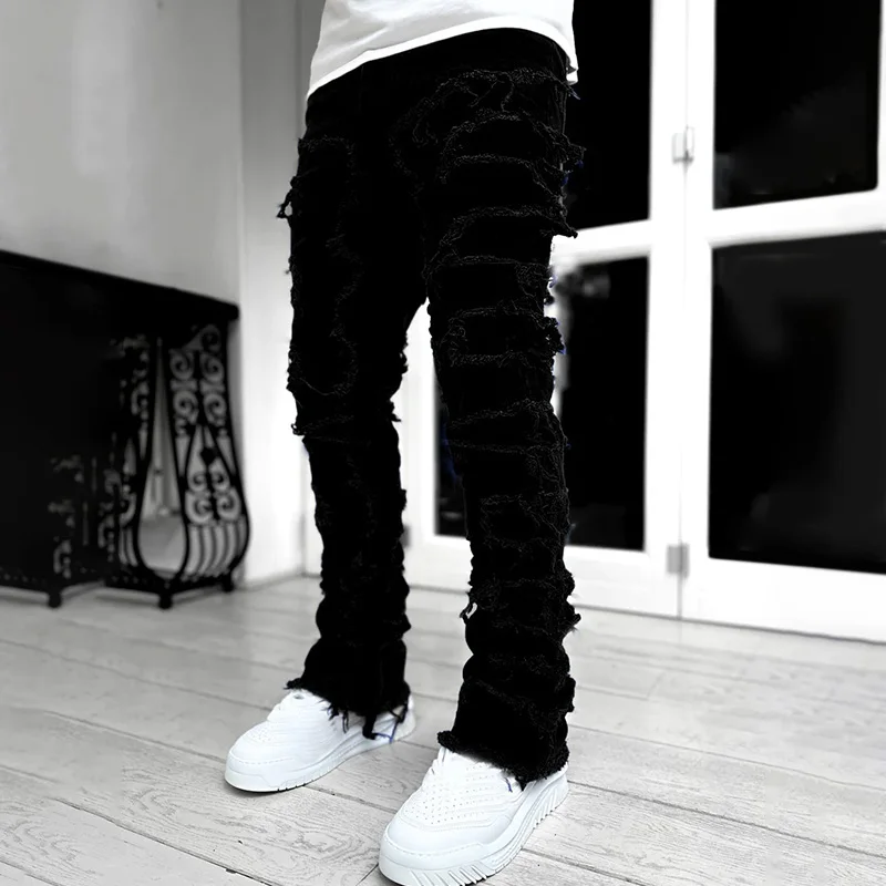 

1PC Elastic Denims Pants Trousers Straight Pants Ripped Jeans Cotton Stacked Jeans Destroyed Men Vintage Hip Hop