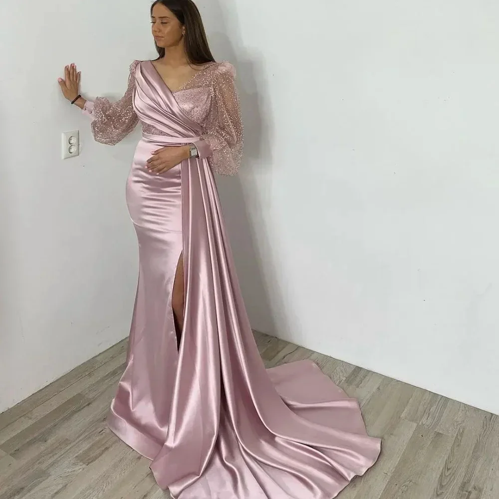Luxury V-neck Prom Dresses Long Sleeve Sequin Satin High Split Formal Evening Dress abiye Mermaid Long Party Gowns For Women
Luxury V-neck Prom Dresses Long Sleeve Sequin Satin High Split Formal Evening Dress abiye Mermaid Long Party Gowns For Women