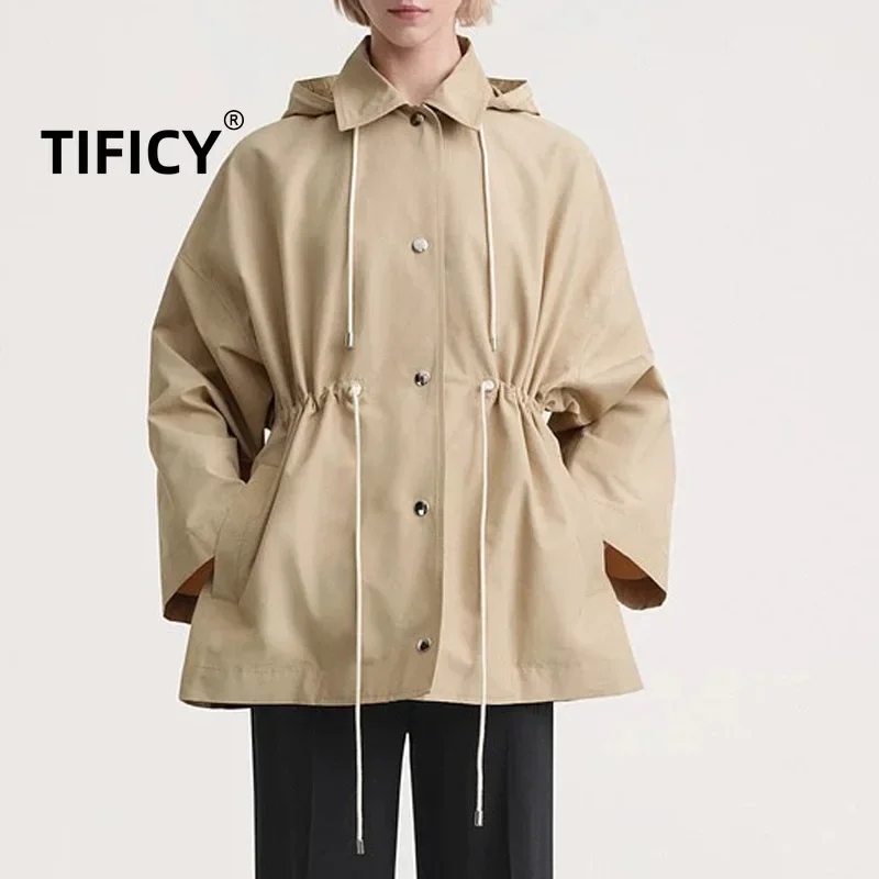 

Autumn and Winter Trench Women's New Khaki Hooded Waist Parka Long Sleeve Jacket Short Coat Windbreaker