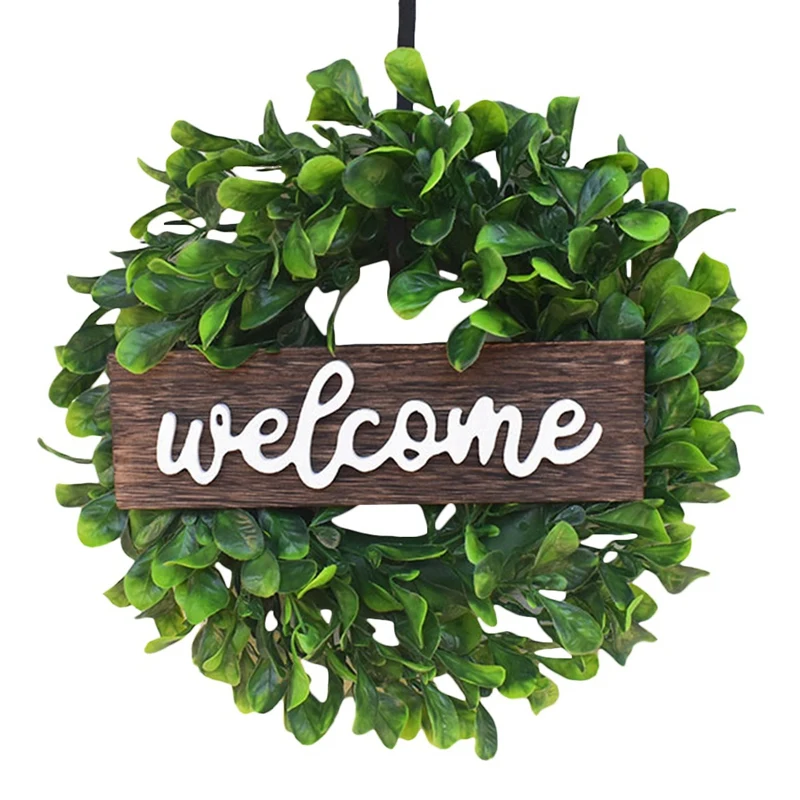 

Artificial Boxwood Wreath 12 Inch Welcome Wreath With Wooden Sign For Front Door Window Wall Wedding Home Decoration