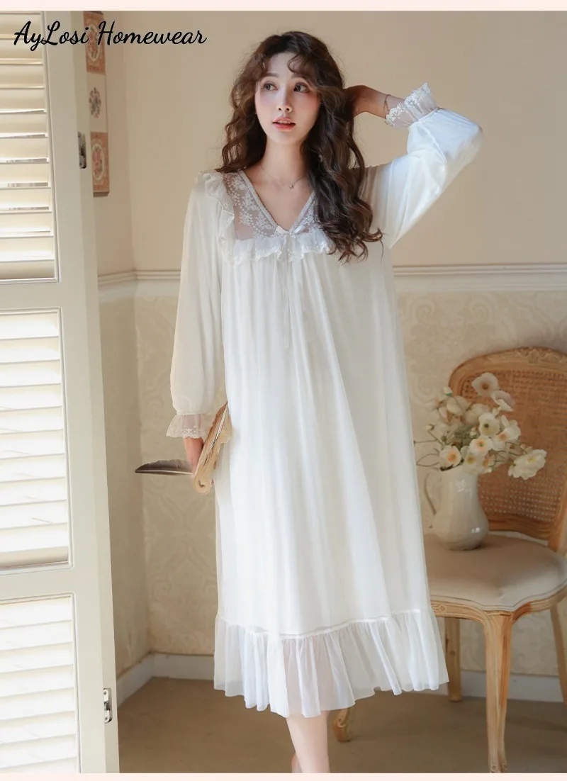 

AyLosi Pajamas for Women Nightgown Solid Long Sleeve V-neck Dress Nightdress Loungewear Palace Style Woman Sleepdress Pijama