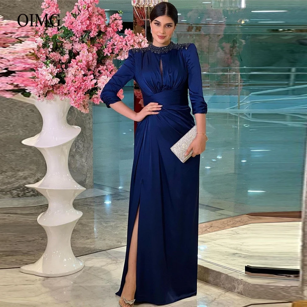 OIMG Modest Navy Blue Silk Satin Formal Evening Dresses High Neck Crystal Beads Side Slit Floor Length Dubao Women Prom Gowns
OIMG Modest Navy Blue Silk Satin Formal Evening Dresses High Neck Crystal Beads Side Slit Floor Length Dubao Women Prom Gowns