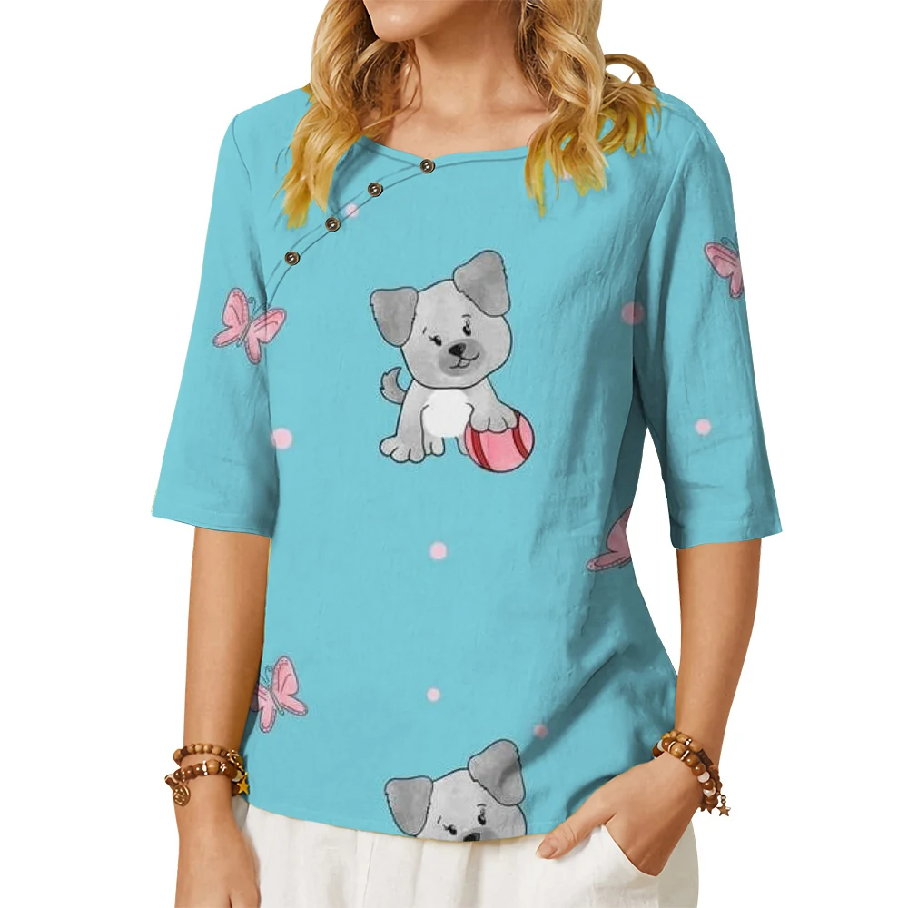 

CLOOCL Women T-shirt Puppy Playing Pattern 3D Printed Button Decorate Crew Neck Middle Sleeve Tee Summer Casual Blue Blouse