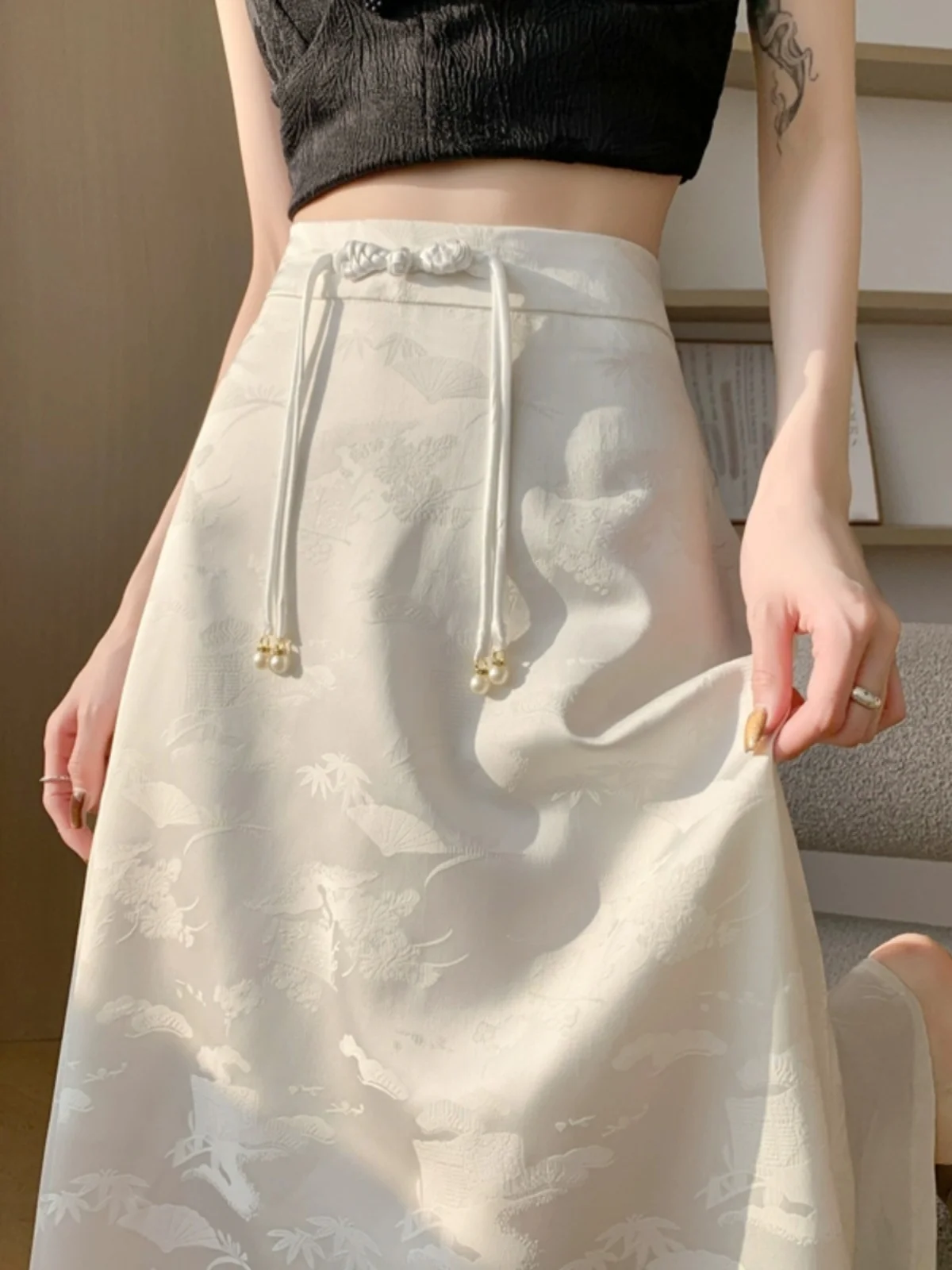 

Off-white new Chinese national style women jacquard skirt women drape satin super-long A-line skirt