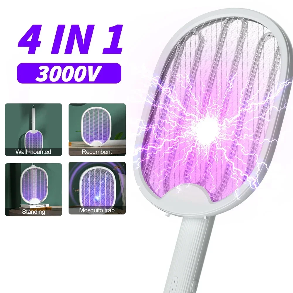 

USB Insect Mosquito 4 Swatter Rechargeable In1 Fly Bug Electric Killer UV Mosquito 3000V Racket Bedroom Killer Light Trap Zapper