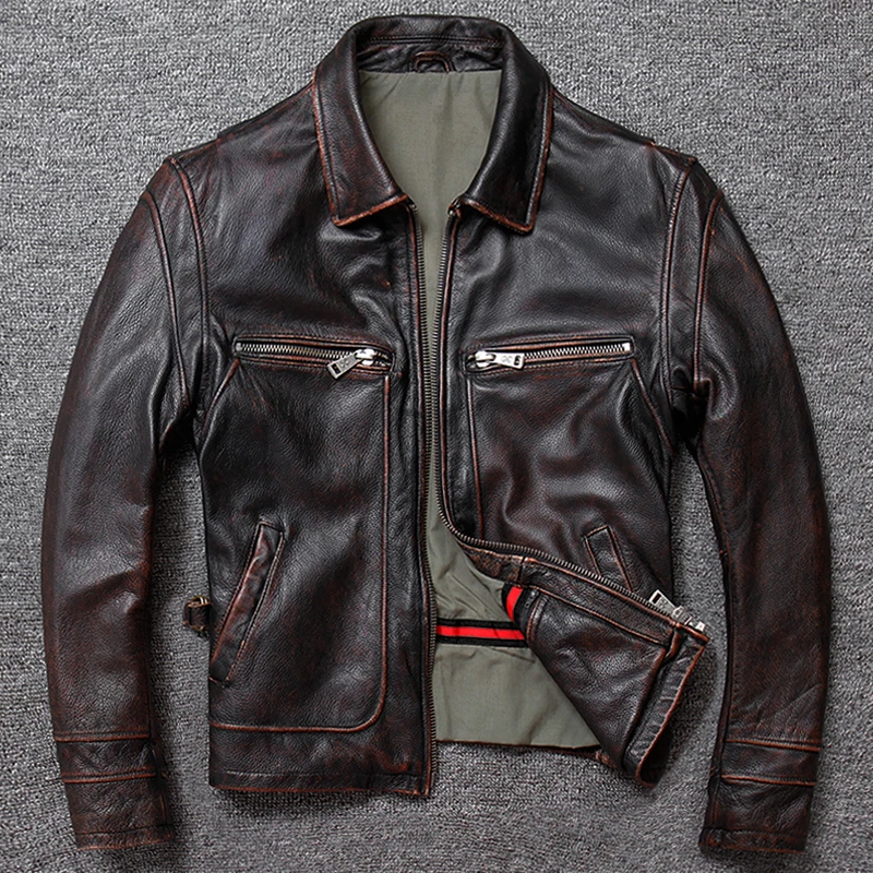 

Genuine Leather Jacket for Men's Short Vintage Distressed Casual Top Layer Cowhide Motorcycle Leather Jacket, Trendy Amikaki