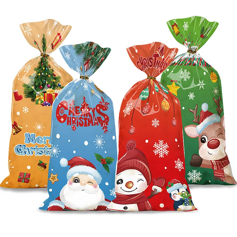 

50pcs Christmas Candy Bags With Rope Cookie Biscuit Package 2024 Santa Claus Snowman Mixed Gift Bag for Kids Party Supplies