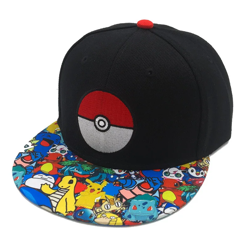 

Pokemon Pikachu Anime Black Top Full Printing Baseball Cap Cotton Hip Hop Flat Brim Adjustable Kids Accessories Birthday Gifts