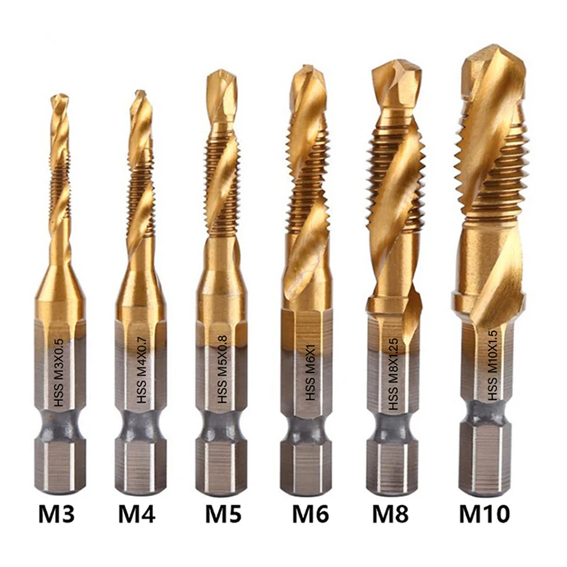 6Pcs M3-M10 Hex Shank Titanium Plated HSS Screw Thread Metric Tap Drill Bits Screw Machine Compound Thread Hand Tools
6Pcs M3-M10 Hex Shank Titanium Plated HSS Screw Thread Metric Tap Drill Bits Screw Machine Compound Thread Hand Tools