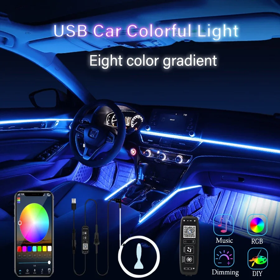 

Atmosphere Lamp USB Car Neon Light LED Interior Strip Flexible RGB Ambient Light Optic Fiber APP Music Control Auto Decorative