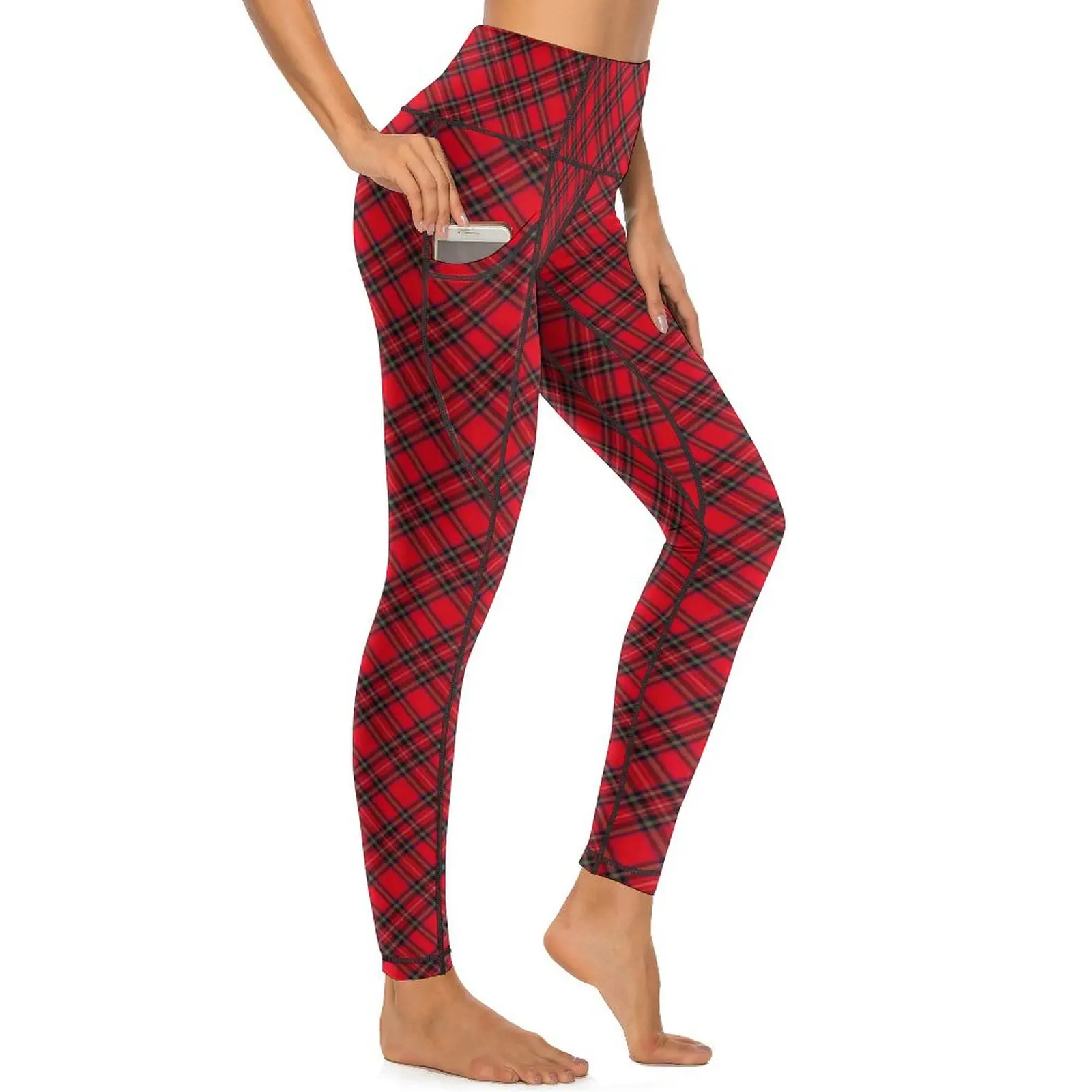 

Red Black Plaid Yoga Pants Sexy Lines Print Graphic Leggings Push Up Workout Leggins Women Elegant Stretchy Sports Tights