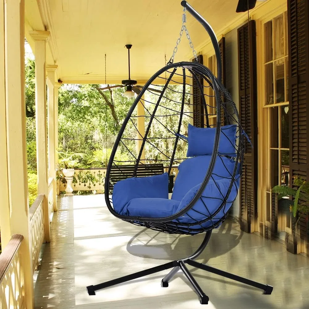 

Hanging Egg Chair, Wicker Hammock Swing Basket Chairs with Stand and UV Resistant Cushion, Patio Garden Egg Chair