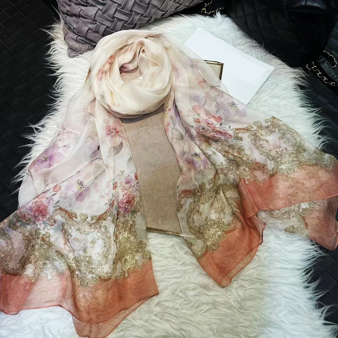 

BYSIFA| New Beige Pink Floral 100% Silk Scarves Women Chiffon Long Silk Scarf Shawl Summer Foulard Winter Brand Scarves Wraps