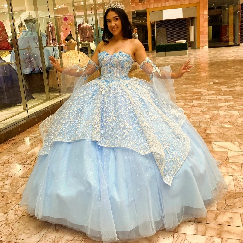 

Платье принцессы с аппликацией и бисером, милое платье небесно-голубого цвета для празднования дня рождения, выпускного вечера, 15 лет