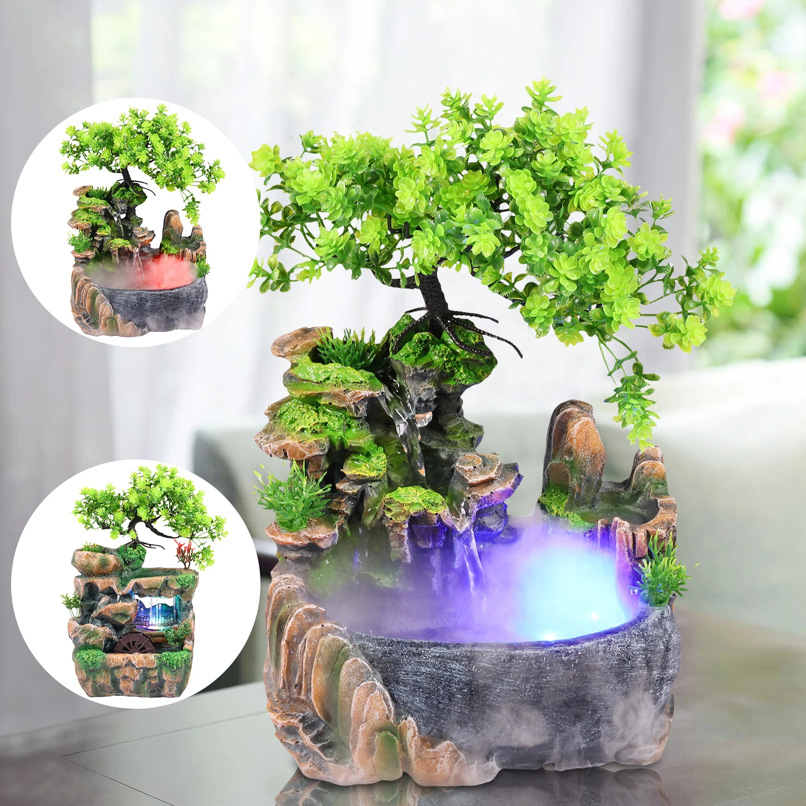 

Tabletop Water Fountain with LED Light Zen Meditation Desktop Fountain Waterfall with Rockery Relaxing Atomizing Humidifier