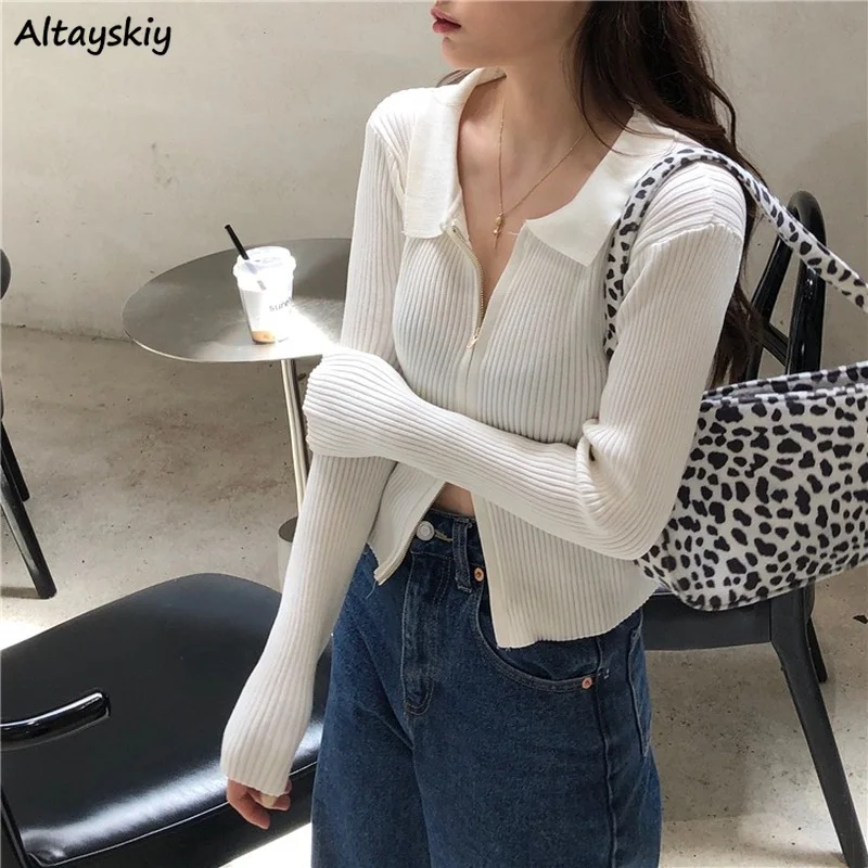 

Cardigan Women Long-sleeve Spring Solid Simple All-match Korean Style Knitted Sweaters Inside Basic Cropped Tops Elegant Vintage